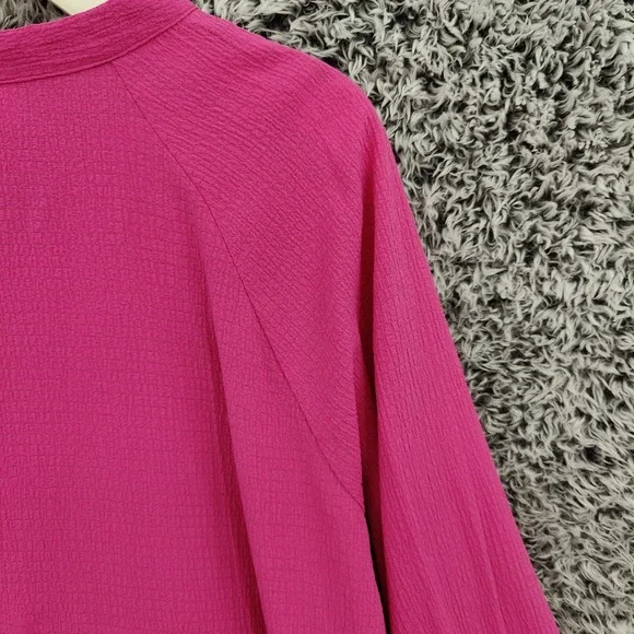 Belle Kim Gravel Womens Gauzy Preppy Lightweight Top L Hot Pink Textured VNeck - Picture 13 of 16